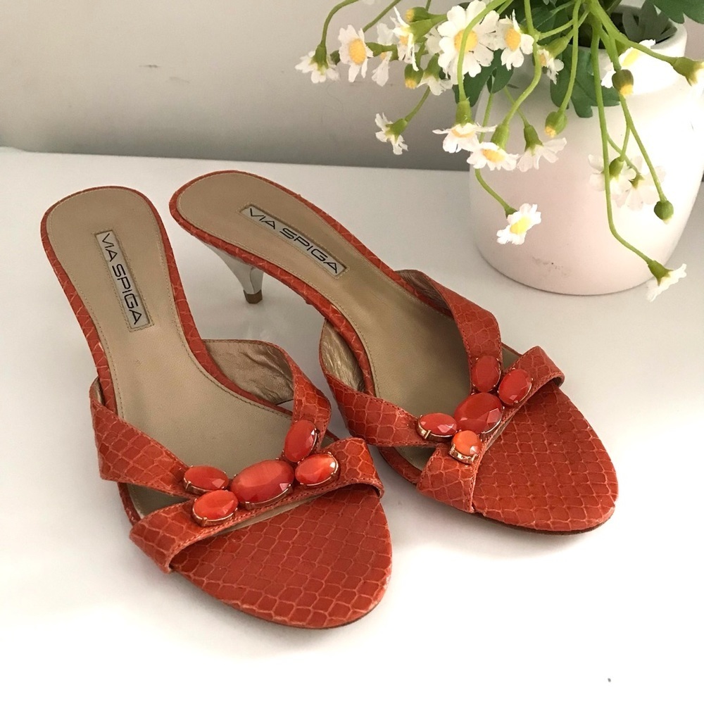 VIA SPIGA Women's Orange  Leather Slip On Heeled Sandals Crystal Embedded Sz 7